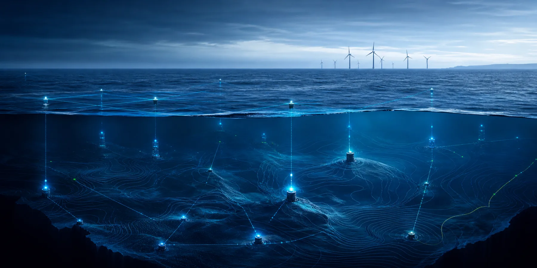 Abstract blue economy technology scene with offshore wind and ocean sensing nodes